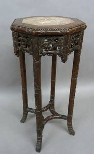 Circa 1900 Hand Carved Rosewood Chinese Marble Top: Circa 1900 Hand Carved Rosewood Chinese Marble Top Stand with bamboo motif in leg design - height 32.5" width 15" - good condition - no losses.