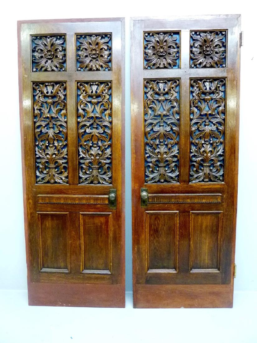 Circa 1900 Solid Oak Carved Doors with Blue & Red Glass (1 of 5)
