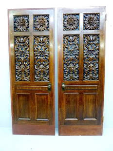 Circa 1900 Solid Oak Carved Doors with Blue & Red Glass: Circa 1900 Solid Oak Carved Doors with Blue & Red Glass on the back side. H 83" w 30". Good condition.