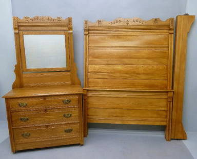 Circa 1900 Oak 2 Piece Spoon Carved Bedroom Set with: Circa 1900 Oak 2 Piece Spoon Carved Bedroom Set with Double Bed and Bevel Mirrored Dresser with Brass Pulls - found in Red Wing Mn estate - Bed h 72" w 54" lengh 76.5". Dresser h 73" w 40" d 18".