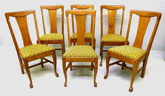 Set of 6 Circa 1910 Solid 1/4 cut Oak Claw Foot Dining: Set of 6 Circa 1910 Solid 1/4 cut Oak Claw Foot Dining Room Chairs - height 37" width 17" depth 19". Good refinished condition.