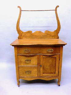 Circa 1900 Oak Washstand with Towel Bar and Cast Brass: Circa 1900 Oak Washstand with Towel Bar and Cast Brass Handles - height 54" width 32" depth 18.5". Found in Nelson WI home. Good refinished condition.