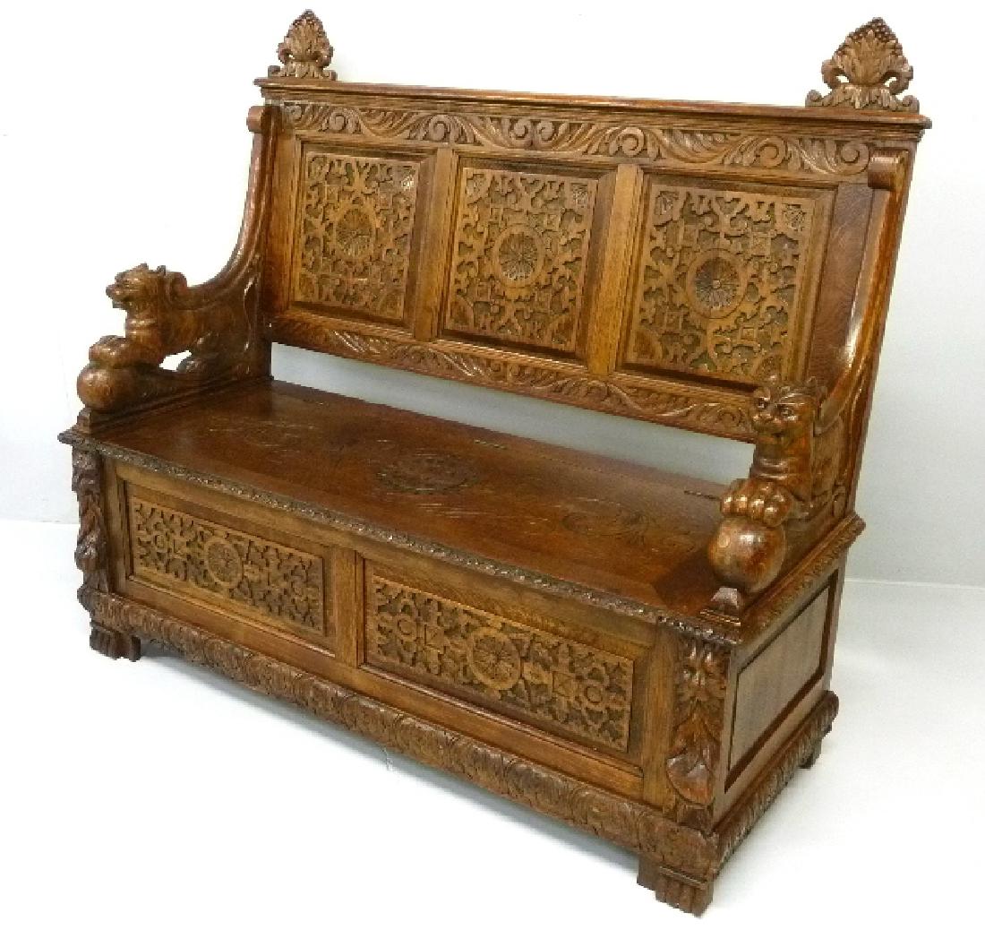 Circa 1880s 1/4 Cut Oak Heavily Carved Bench with (1 of 7)
