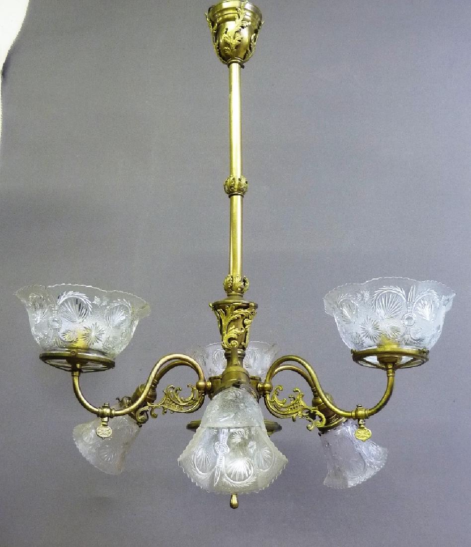Circa 1890 6 Arm Gas & Electric Chandelier with Antique (1 of 6)