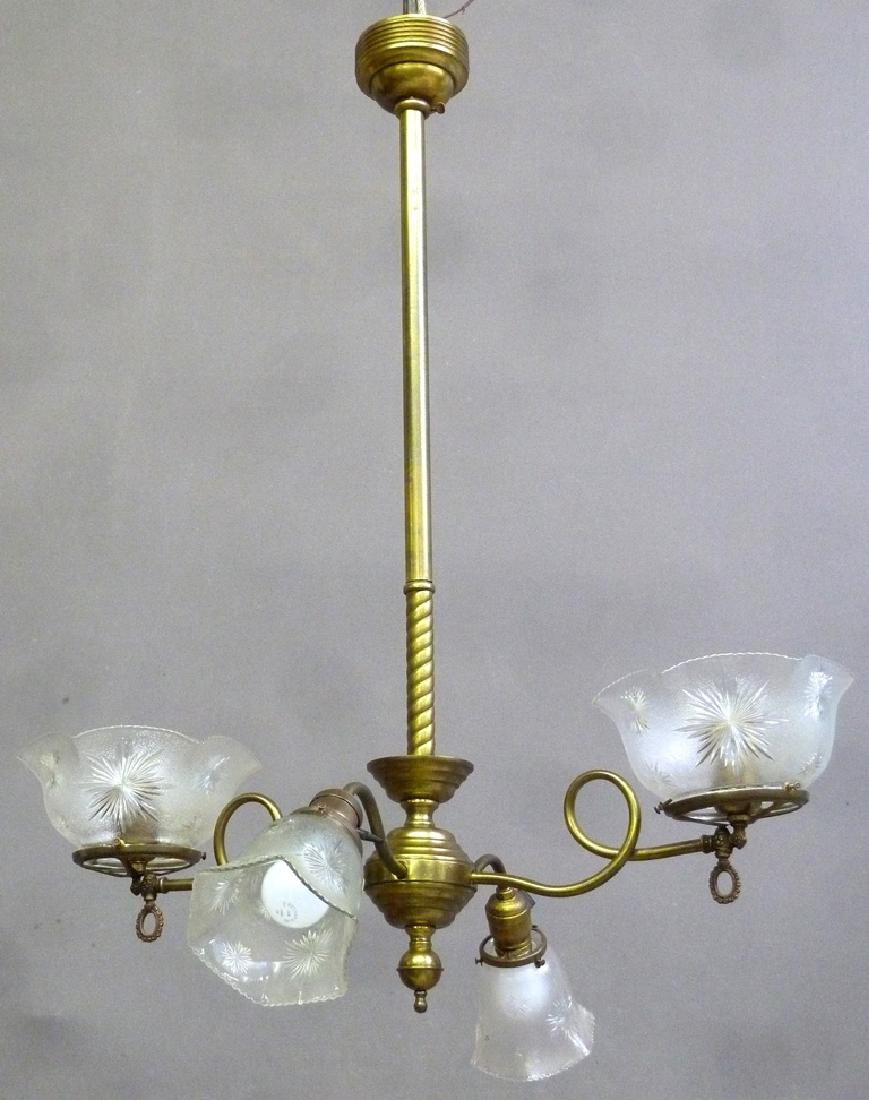 Circa 1890 4 Arm Gas & Electric Chandelier with Antique: Circa 1890 4 Arm Gas & Electric Chandelier with Antique Etched Glass Shades - from Historic Sheldon Mansion Red Wing MN. Height 34" width 27" depth 24".
