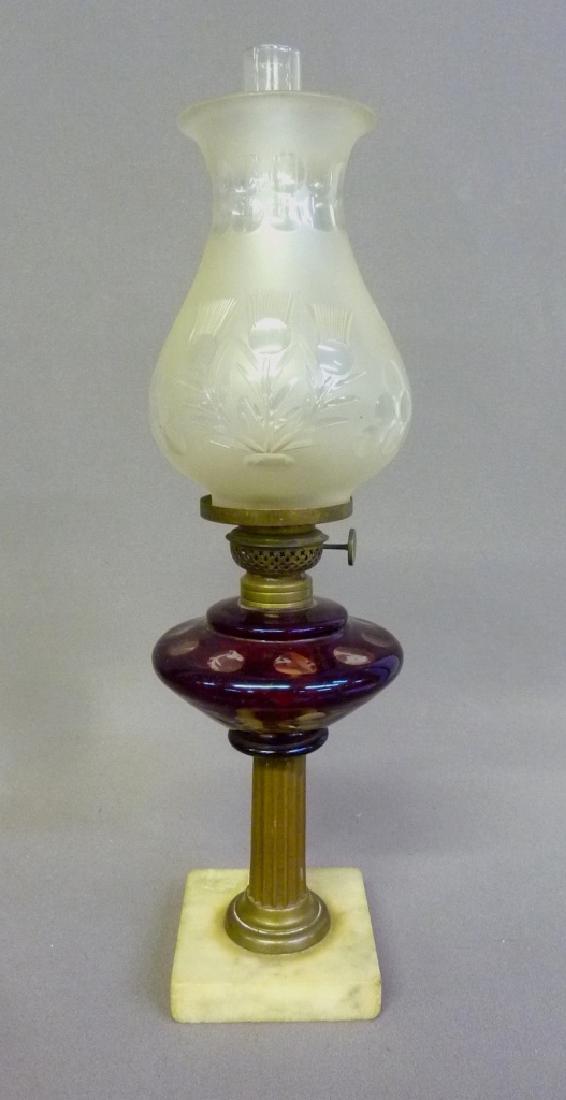 Circa 1850's Cranberry Cut to clear Oil Lamp with (1 of 4)