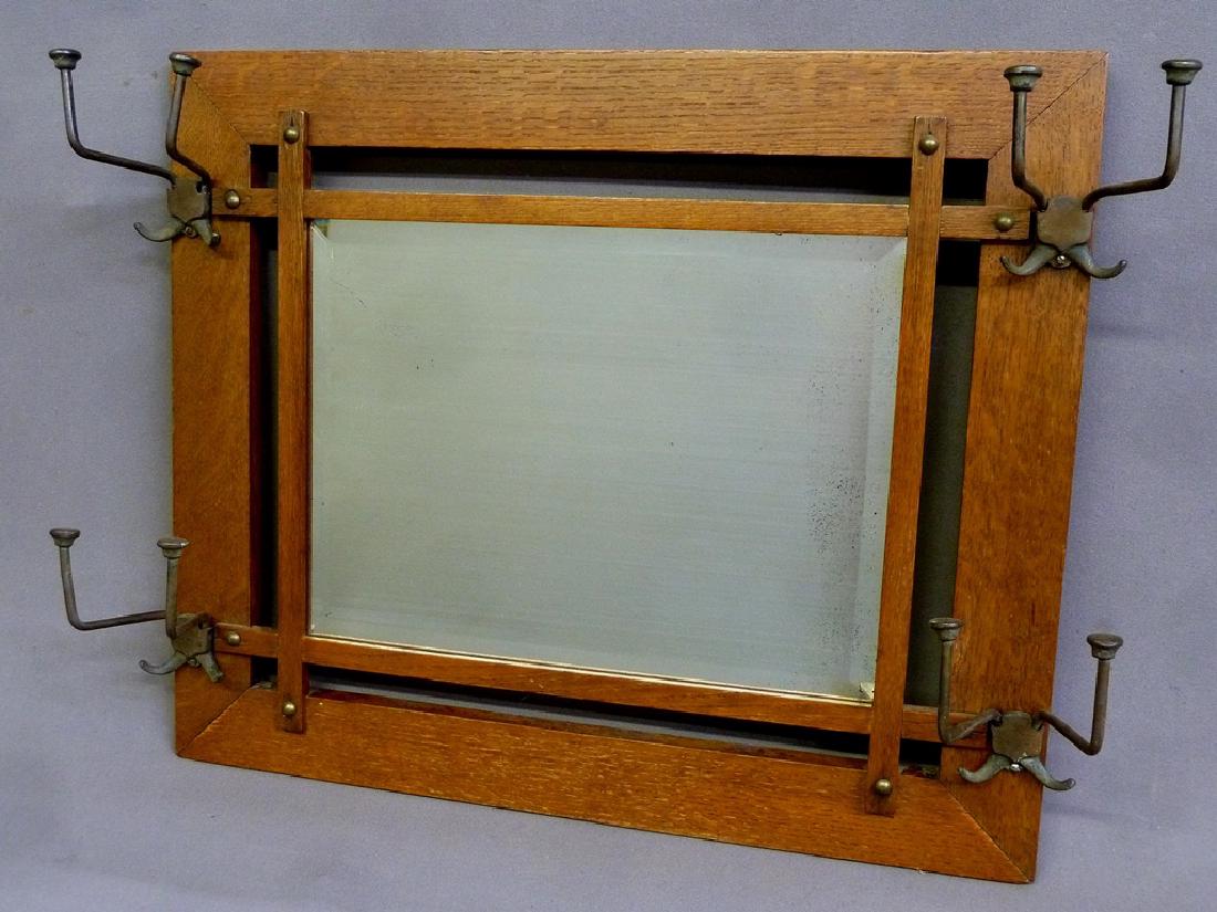 Circa 1910 1/4 Cut Oak Mission Wall Mirror w/Hooks - (1 of 2)