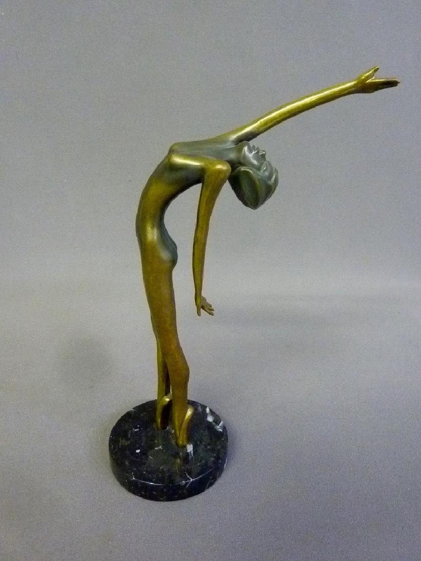 Tom Bennett (American, b. 1935), a patinated bronze: Tom Bennett (American, b. 1935), a patinated bronze figure of a nude dancer on point, one arm raised over her thrown-back head, signed on the proper left toe shoe "Tom Bennett/'82 14/500", h. 13