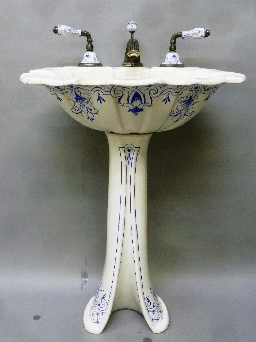Signed Sherle Wagner Blue & White Pedestal Sink with