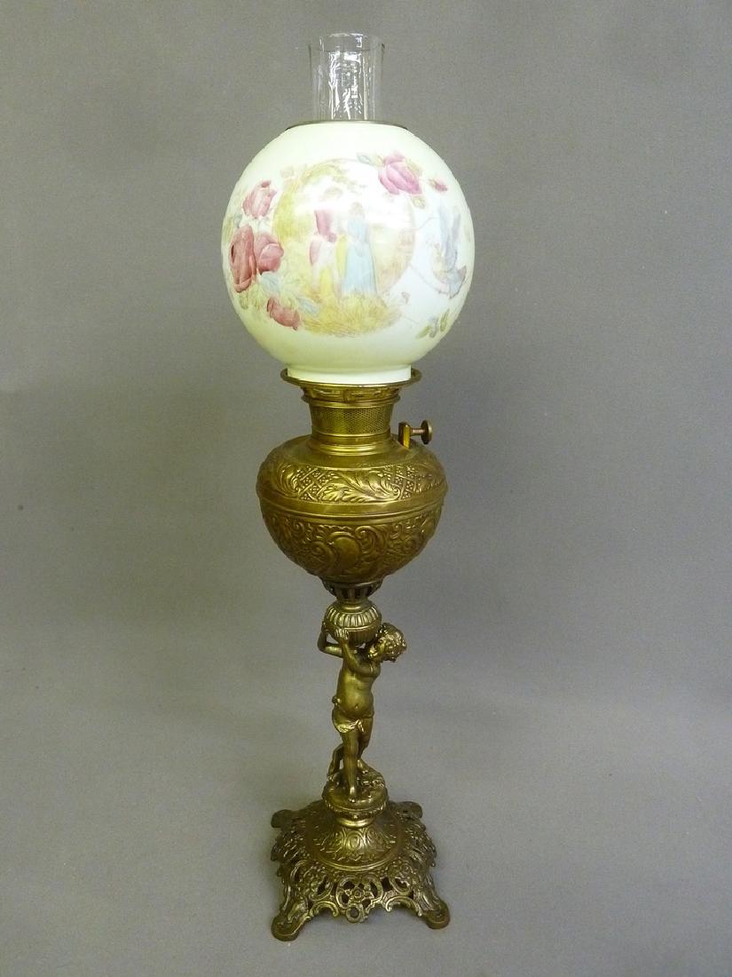 Signed Bradley & Hubbard Cupid Banquet Oil Lamp with (1 of 5)