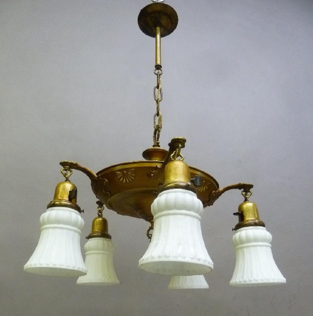 1920's Solid Brass 5 Drop Hanging Chandelier with Old (1 of 4)