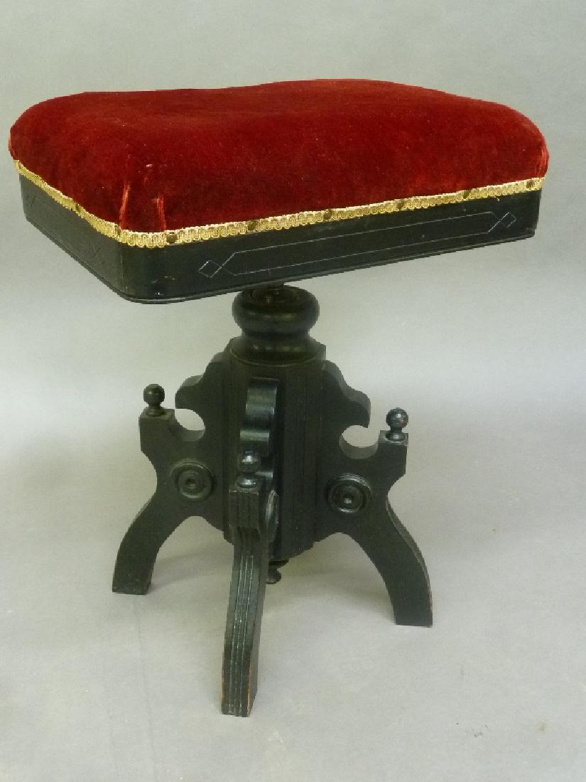 Labeled 1880's Swivel Stool (T.F. ST John Pianos &: Labeled 1880's Swivel Stool (T.F. ST John Pianos & Organs. 112E. 3rd St Winona MN.) Has original fabric and finish in good condition. W 17" d 13" height adjustable - now 24".