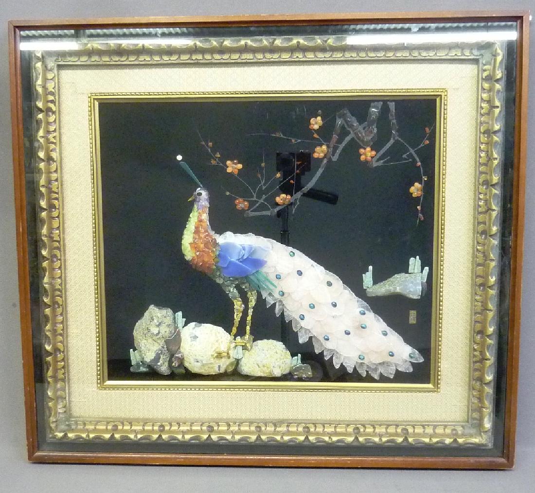 Superb Quality Semi-precious Stone Peacock Picture: Superb Quality Semi-precious Stone Peacock Picture signed with Chinese writing. Framed in Shadow box frame. Sculpture in all made of stone. Hgt 27" width 30.5". Very good condition. Found in Chicago I