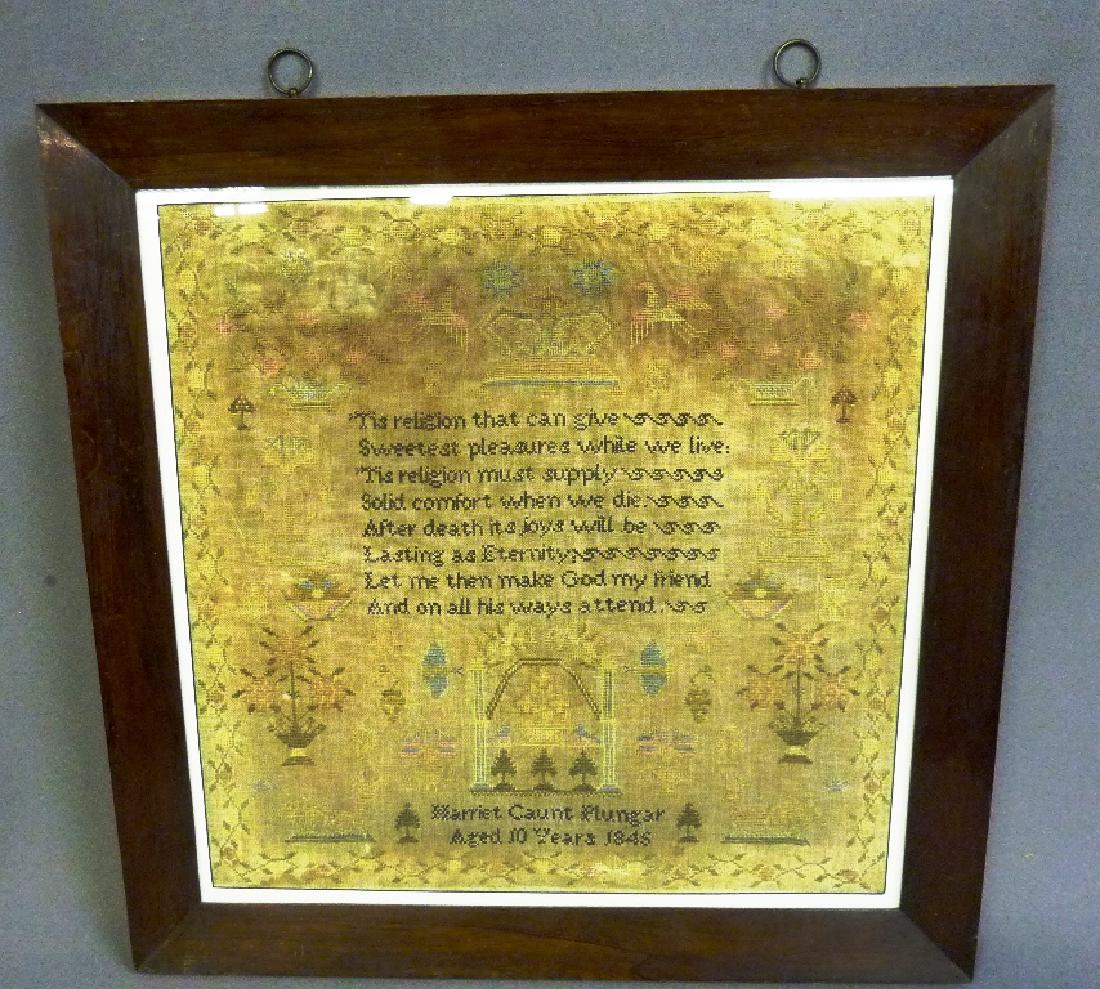 Harriet Caunt Plungar, Aged 10 Years 1846 Sampler -: Harriet Caunt Plungar, Aged 10 Years 1846 Sampler - wonderful old sampler signed and dated with religious verse. Also many pictures, flowers etc. In 1850's rosewood frame. H 21" w 21"