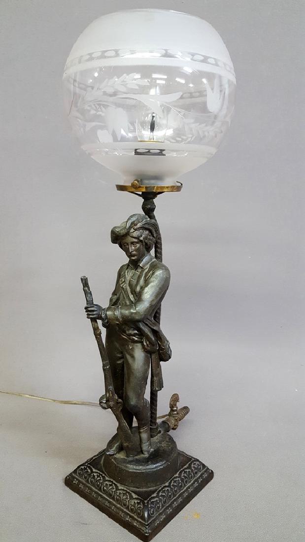 Circa 1870's Gas Portable Figural Lamp of Man with: Circa 1870's Gas Portable Figural Lamp of Man with Rifle attributed to Mitchell & Vance catalog pg 19. Circa 1870's 7" Cut Shade with 2 5/8" fitter. Hgt overall 19.25" Found in Minneapolis MN. Good co