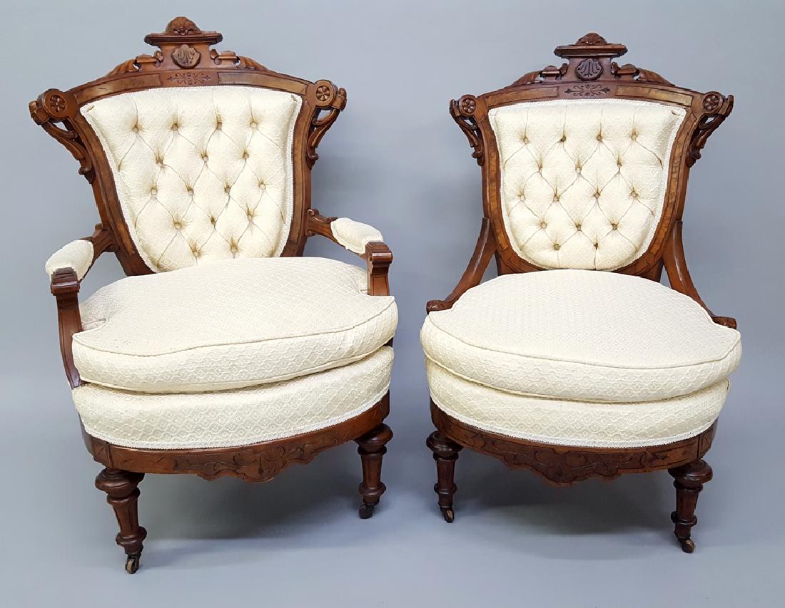 Circa 1875 Burl Walnut Renaissance Revival Chairs -: Circa 1875 Burl Walnut Renaissance Revival Chairs - Gents & Ladies Burl Walnut Chairs with like new upholstery. Very good condition. Arm chair H 42" w 28" d 31" No arms h 40" w 26" d 28". Found in Ell