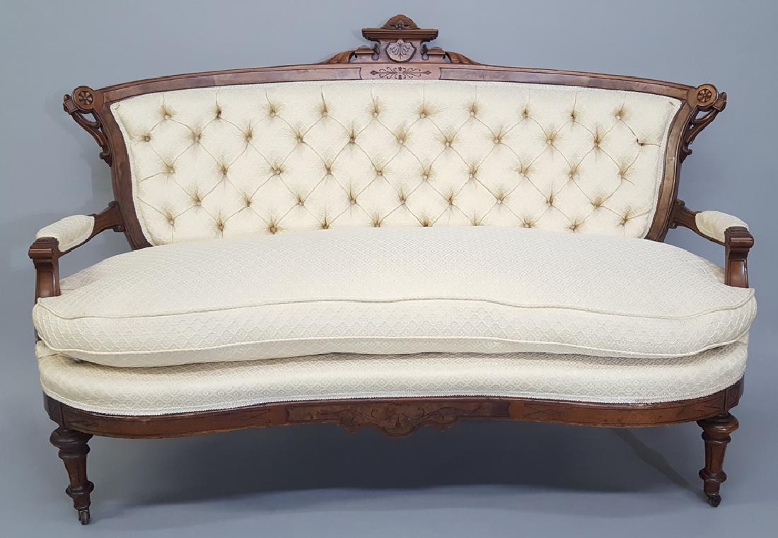 C 1875 Burl Walnut Renaissance Revival Loveseat - Very: C 1875 Burl Walnut Renaissance Revival Loveseat - Very nice burl walnut American made loveseat with like new upholstery. Width 69" hgt 45" d 38". Very good condition. Found in Ellsworth WI estate.