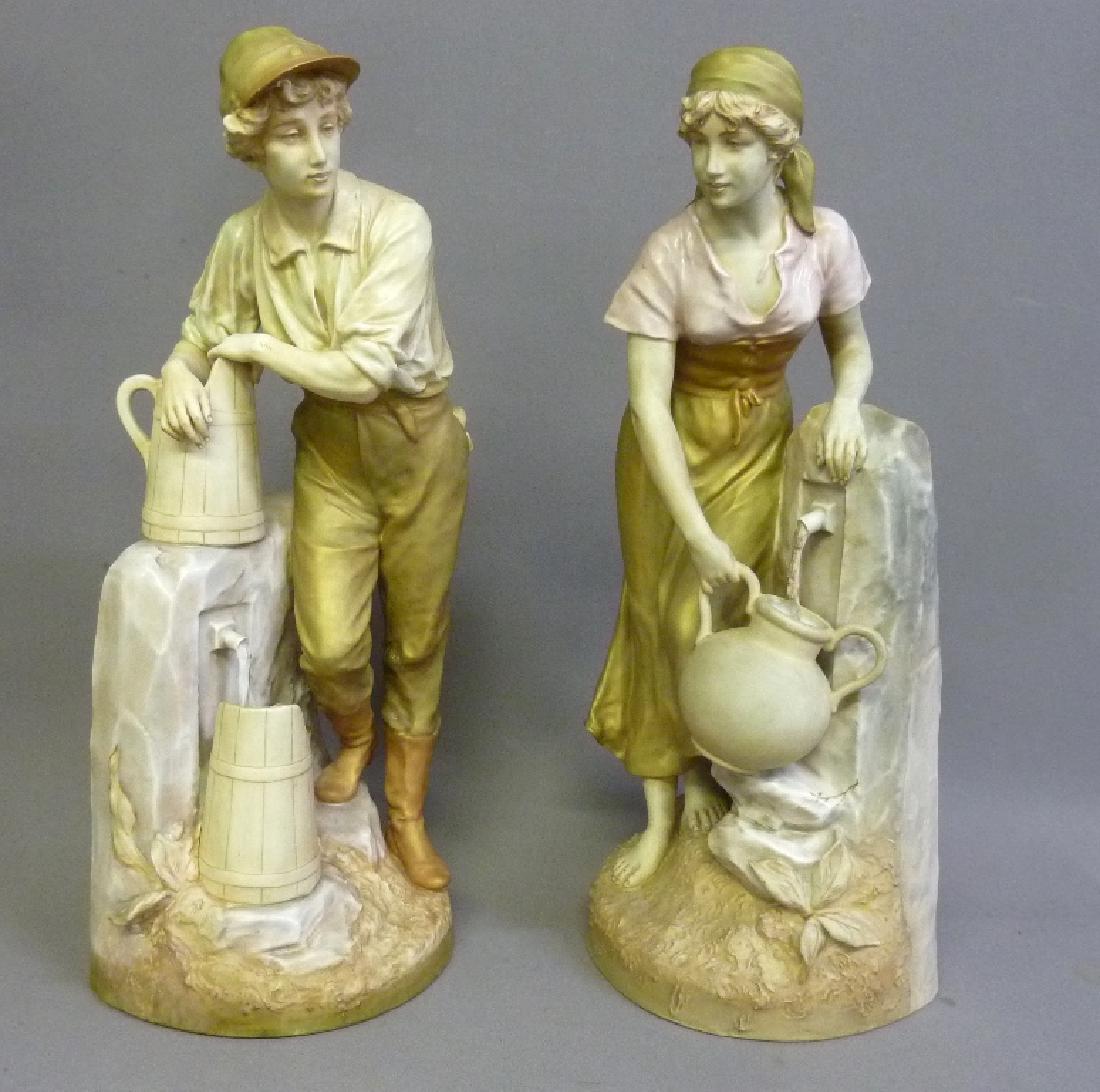 Pair Royal Dux Porcelain Figures-Peasants at Well - ca.: Pair Royal Dux Porcelain Figures-Peasants at Well - ca. 1919-47 the figures each in a pink & brown palette, pink triangle marked "E", an impressed "Made in Czechoslovakia", "Royal Dux Made in Czechosl