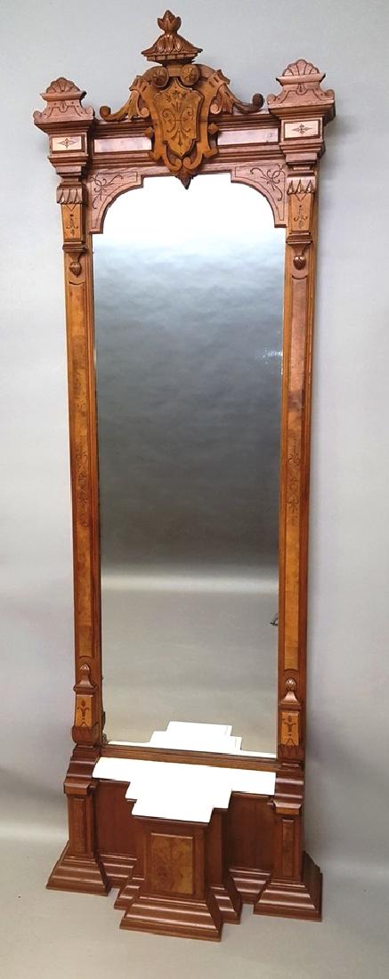 C 1875 Renaissance Revival Burl Walnut Pier Mirror with: C 1875 Renaissance Revival Burl Walnut Pier Mirror with very nice hand carved decoration & detail. Old refinished good condition. H 103" w 35" d 14". Found in Chicago ILL. Estate.