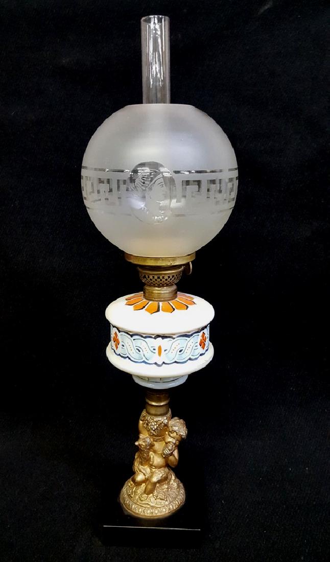 Wonderful Circa 1870's Fluid Lamp w/cameo shade - hgt: Wonderful Circa 1870's Fluid Lamp w/cameo shade - hgt 20" dia. Of shade 6". Overall good condition. Looks as if paint has been retouched. Glass all good.