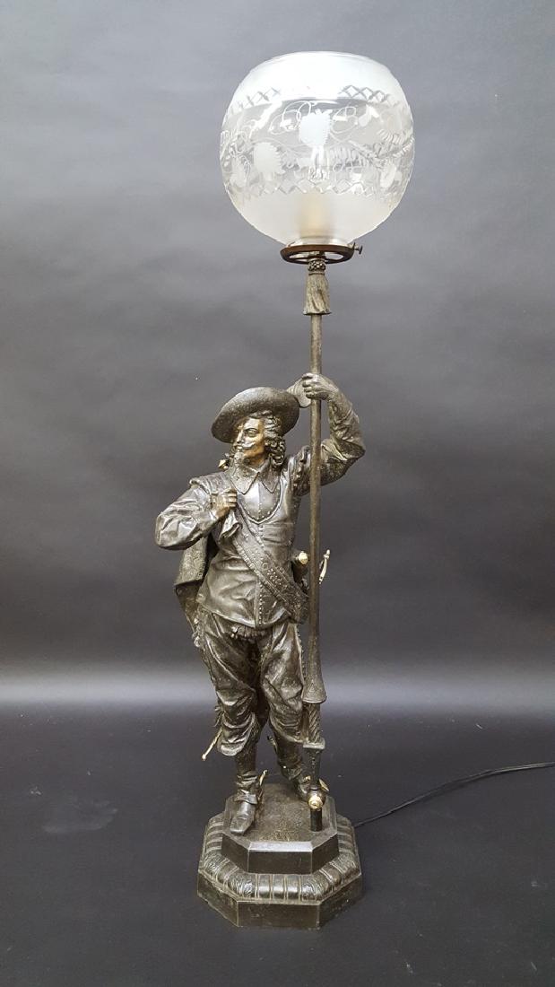 Circa 1876's Gas Newel Post Lamp of Knight with Sword: Circa 1876's Gas Newel Post Lamp of Knight with Sword and 1870's 2 5/8" fitter hand cut shade. Made by Mitchell, Vance & Co. Catalog picture incl. Page 48. Overall Height 32.5". Height of figure 26".