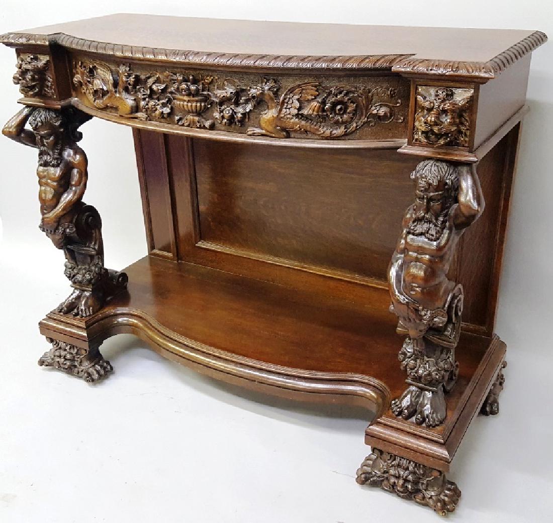 C 1885 RJ Horner heavily carved Man of the Mountain Oak: C 1885 RJ Horner heavily carved Man of the Mountain Oak Console. Great original finish and condition. Has center drawer with griffin's. Animal faces are on drawer fronts. Found in home in Winona MN. W