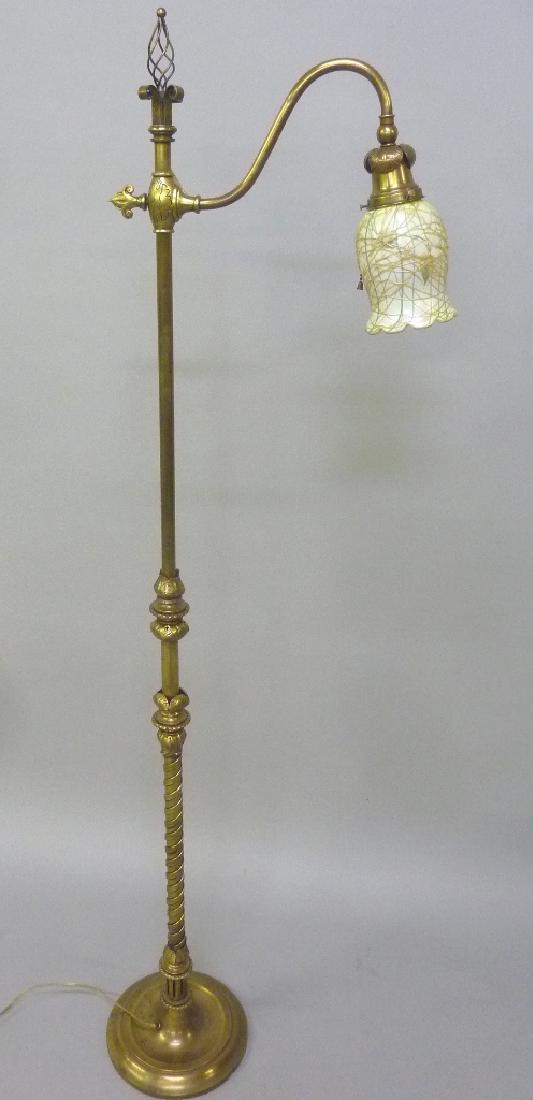 Quality solid brass gooseneck floor lamp w/ quezel: Quality solid brass gooseneck floor lamp w/ quezel shade - high style, well decorated solid brass floor lamp with Vine Threads Quezal Lustre Art shade circa 1920's lamp and shade. Hgt 62" w 16". Good 