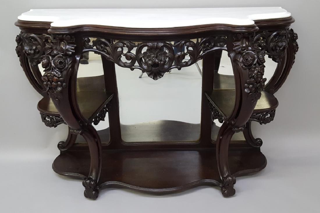 C 1850's J & JW Meeks Laminated Rosewood Console -: C 1850's J & JW Meeks Laminated Rosewood Console - Wonderful original finish with white marble top. Has extensive floral carving on knees and pierced apron. H 35" w 59" d 21". Good condition.