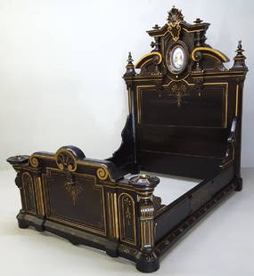 1870's American Neo-Grec Bed with Porcelain Plaque,: 1870's American Neo-Grec Bed with Porcelain Plaque, Possibly by Pottier & Stymus, New York. Fantastic American high stlye bed with Woman porcelain plaque. H 87" outside w 69" length 86". Inside length
