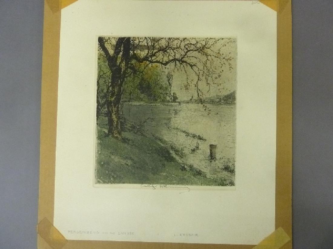 Signed Luigi Kasimir Color Etching (1881-1962) marked: Signed Luigi Kasimir Color Etching (1881-1962) marked (Persenbeug on the Danube) in pencil on bottom. 15.5" x 14"