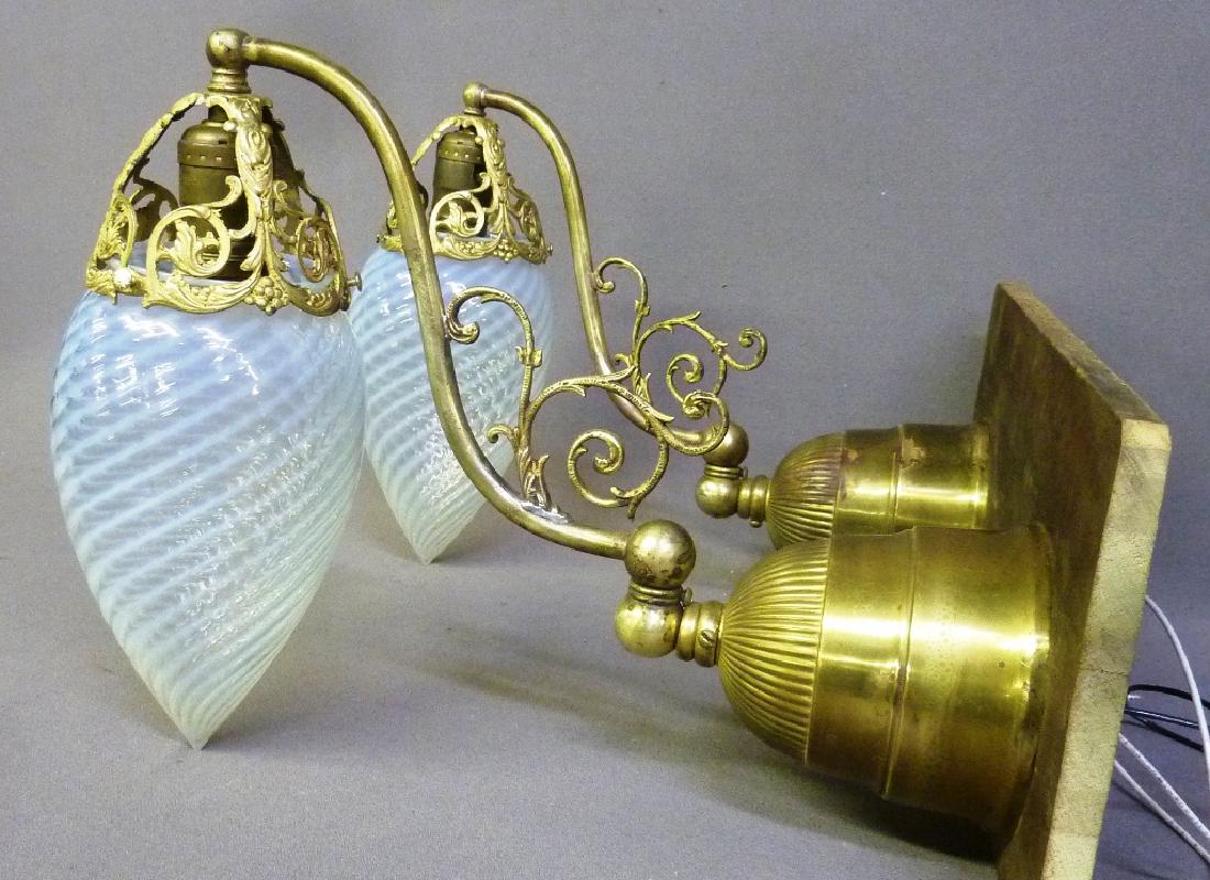 Circa 1900 Unique Brass Wall Sconces w/Antique Opal: Circa 1900 Unique Brass Wall Sconces w/Antique Opal Teardrop Shades - depth to wall 14" hgt 11". Found in Eau Claire WI home. Rewired ready to hang in your space.