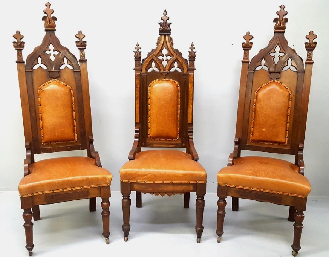 Circa 1870's American Gothic Burl Walnut Chairs - Two: Circa 1870's American Gothic Burl Walnut Chairs - Two chairs are a pair, one is slightly different. Hgt 58". Good condition. Found in Rochester MN home.