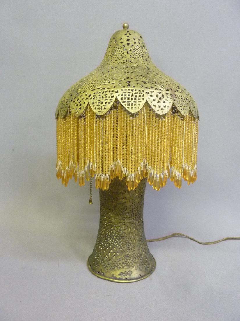 Unusual Pierced Brass Oriental Table Lamp with Beads -: Unusual Pierced Brass Oriental Table Lamp with Beads - Interesting lamp from Ellsworth WI estate. H 22" dia. 13". Good working condition
