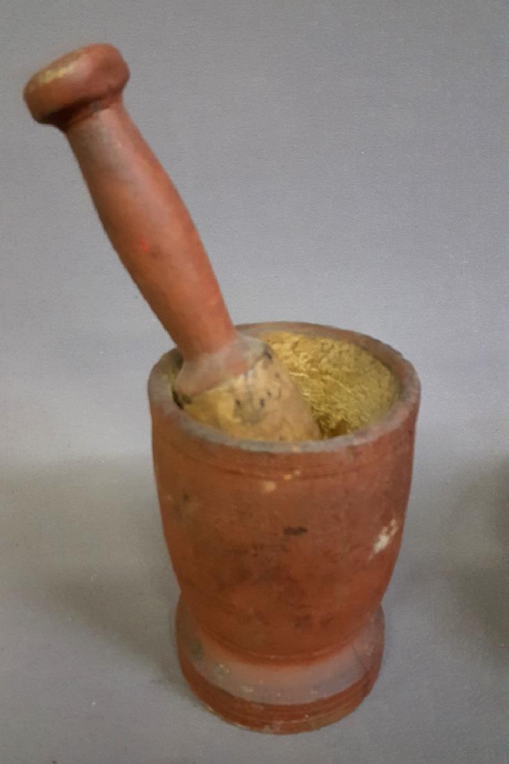 19th Century mortar & pestle with red milk paint - hand: 19th Century mortar & pestle with red milk paint - hand made country in good original condition. Found in Mazeppa MN estate. Hgt 12" dia. 5".