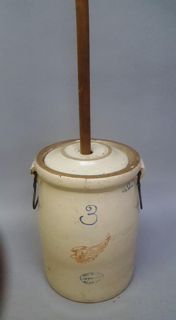 Dated Dec 2nd 1915 Red Wing 3 gal Butter Churn with: Dated Dec 2nd 1915 Red Wing 3 gal Butter Churn with antique crock lid and original stomper - h 14" dia. 11.5". No chips or cracks. Good condition. Found in Minnetonka MN estate.