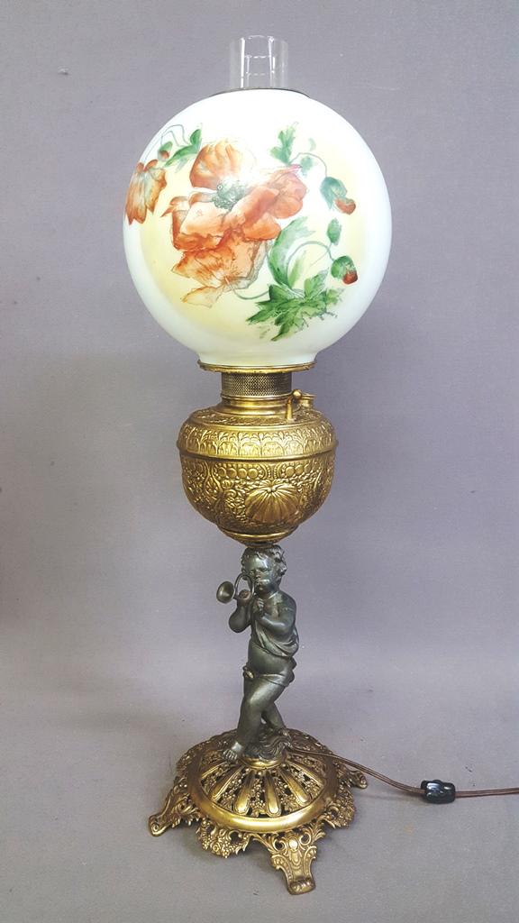Signed Miller Lamp Co. Oil Banquet Lamp w/Child - hgt: Signed Miller Lamp Co. Oil Banquet Lamp w/Child - hgt 28" dia. Globe 9". All in good condition. Now electrified.