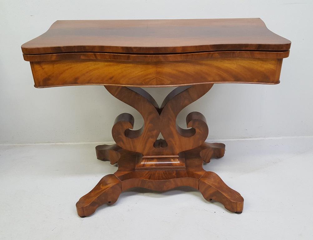 Circa 1840's American Crotch Mahogany Gaming Table -: Circa 1840's American Crotch Mahogany Gaming Table - most mint condition empire gaming table I have ever offered. About 200 years old. Hgt 30.5" w 36.5" . Opened size 36.5 x 36.5.