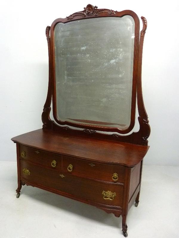 Circa 1900 American Mahogany Lowboy Dresser with Large: Circa 1900 American Mahogany Lowboy Dresser with Large Bevel Glass Mirror - height 77" width 52" depth 24" - old refinished condition