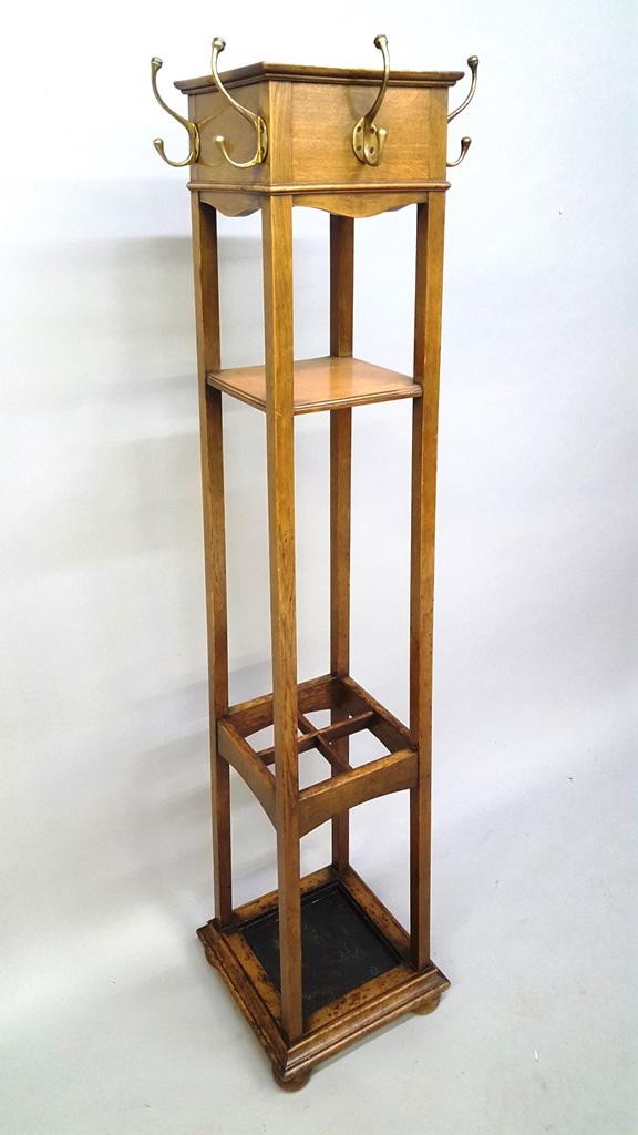 Circa 1910 1/4 Cut Oak Mission Coat Rack & Umbrella: Circa 1910 1/4 Cut Oak Mission Coat Rack & Umbrella Stand - Hgt 72.5" width at base 17' x17". At top 12" x 12". Very good original finish. Found in Rochester MN estate.