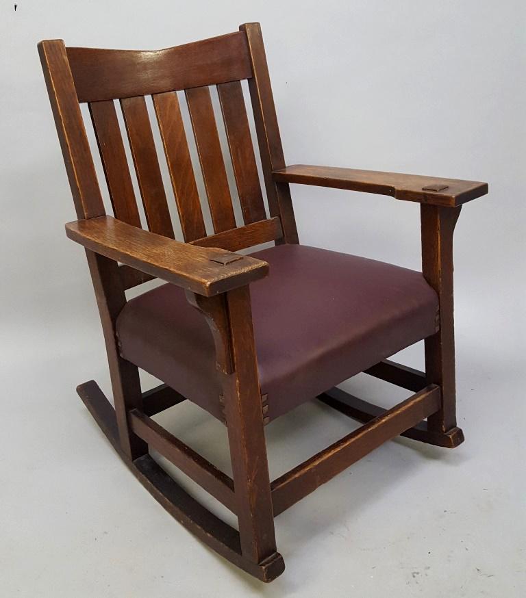 Signed (Gustav Stickley - Als Ik Kan) 1/4 Oak Rocker -: Signed (Gustav Stickley - Als Ik Kan) 1/4 Oak Rocker - has mortice construction thru the arm. Retains the original finish with signiture on the rear stretcher. H 34" w 26" d 22". Very good condition.