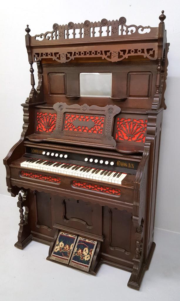 Circa 1870's Walnut Pump Organ signed Moline Organ -: Circa 1870's Walnut Pump Organ signed Moline Organ - Peterson Co. Moline ILL. Great condition of woodwork and playing. Hgt 75" w 45" d 23". Found in Minnetonka MN estate. $1500 has been spent on this 