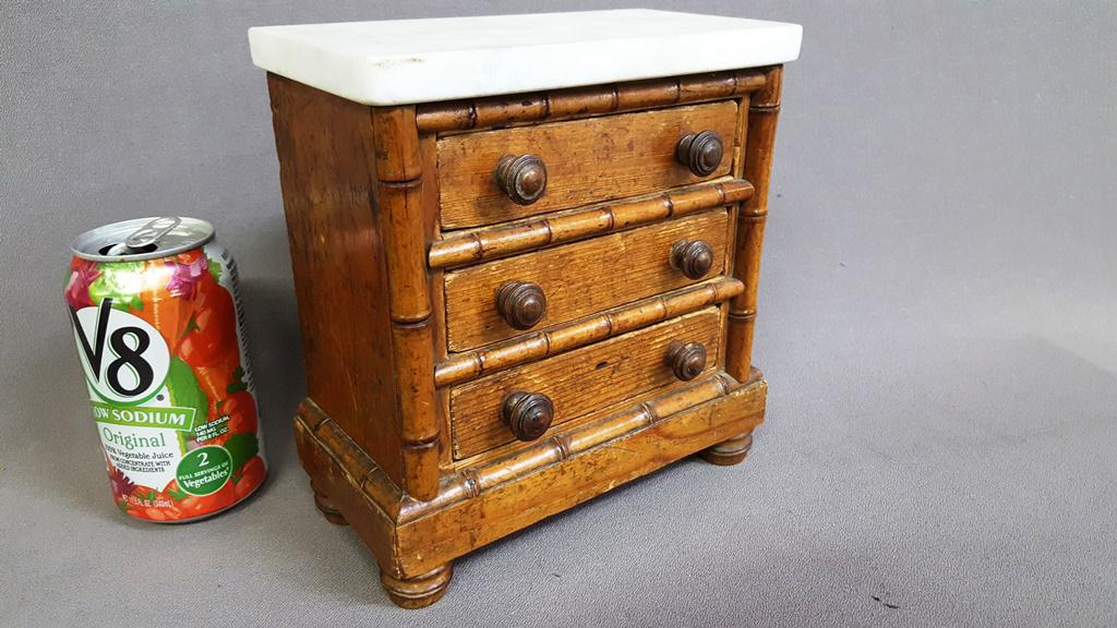 Circa 1900 Salesman Sample Mini Bamboo Dresser with: Circa 1900 Salesman Sample Mini Bamboo Dresser with Marble Top - height 8" width 7.5" depth 3.75". Good original condition. Found in Minnetonka MN estate.