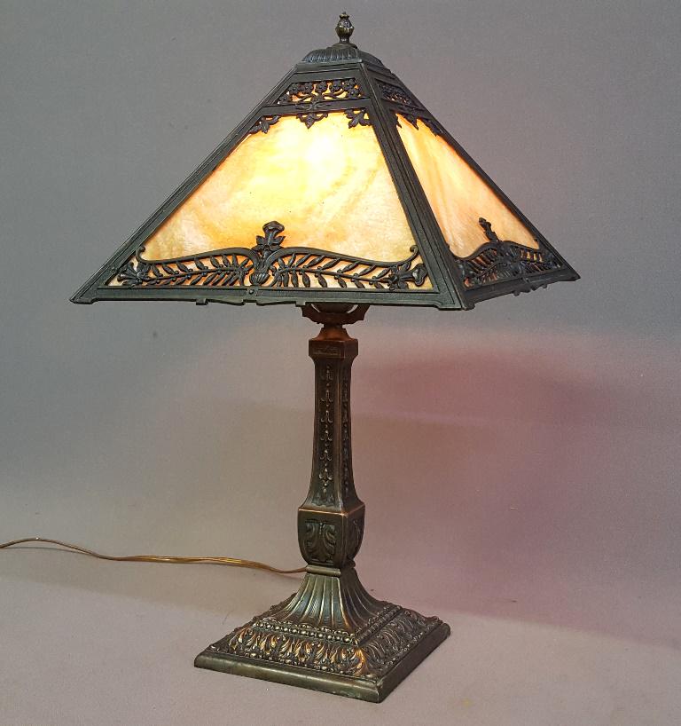 C 1920 Signed "Pittsburgh" Carmel Slag Glass Lamp -: C 1920 Signed "Pittsburgh" Carmel Slag Glass Lamp - Very nice cast decoration with signature on the base. (PLB & G Co. )Pittsburgh Lamp, Brass & Glass Co. Good finish and condition. H 21" Shade Dia. 1