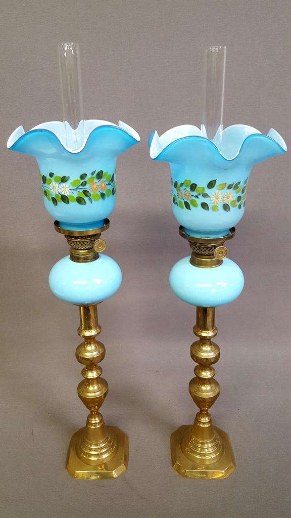 Mid 19th Century pair of Blue Peg Oil lamps cased glass: Mid 19th Century pair of Blue Peg Oil lamps cased glass - Very nice peg lamps with floral painted shades.All glass good.l Brass bases are 1850's plus P & A Victor burners. hgt 25" dia. 4.25".