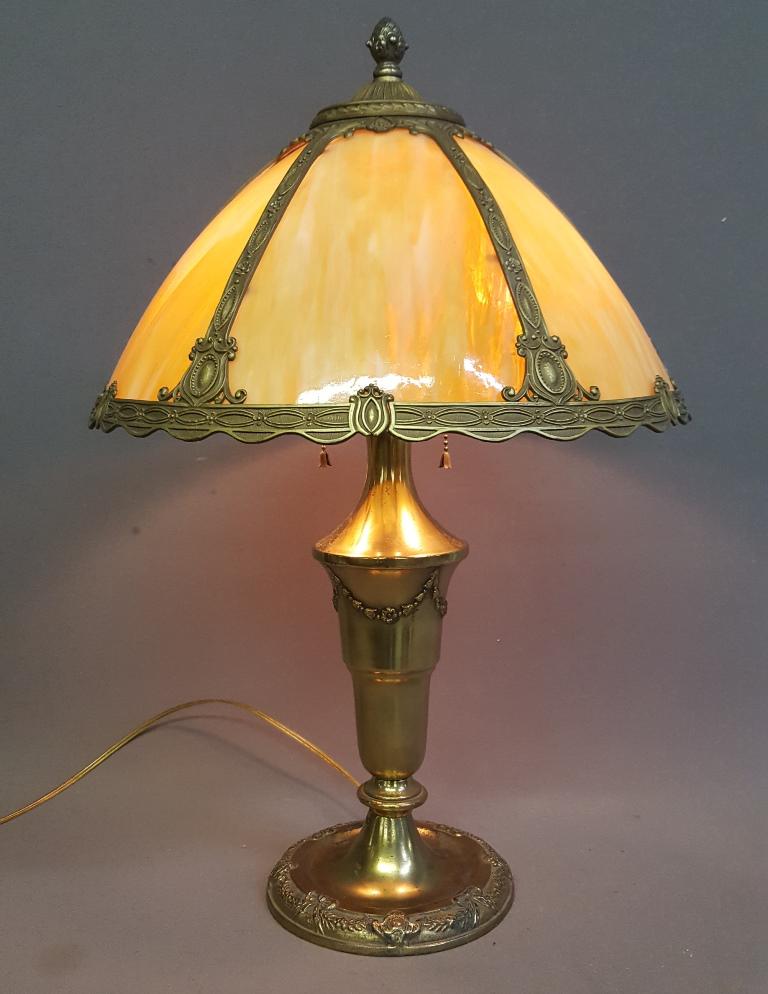 Circa 1920's Carmel Slag Glass Panel Lamp with good: Circa 1920's Carmel Slag Glass Panel Lamp with good decoration. All rewired ready to use. Hgt 24.5" dia. 16". All Glass good. Lamp good condition. Found in Red Wing MN estate.