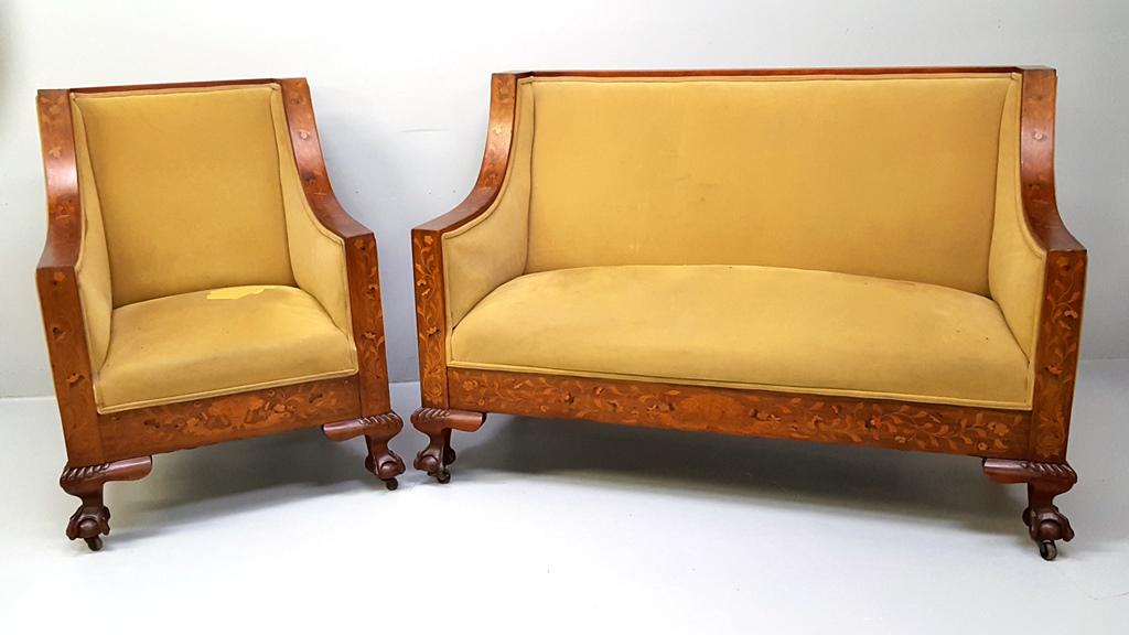 Circa 1880's Floral Inlaid 2 Piece Salon Set - high: Circa 1880's Floral Inlaid 2 Piece Salon Set - high style form with heavily inlaid frames ending in claw & ball feet. Found in Elsworth WI estate. Frames are in good condition. Loveseat w 60" h 38" d 