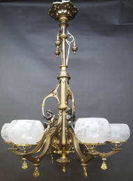 circa 1870's 6 Arm Gasolier w/ Period Scenic Shades