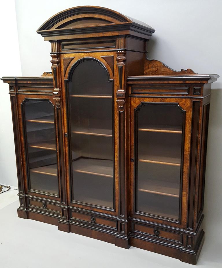 American C 1870's Burl Walnut 3 door Bookcase - High: American C 1870's Burl Walnut 3 door Bookcase - High quality with good design elements - hgt 78" w73" d20" Found in Minnetonka MN estate. Comes all apart for easy moving. Very good condition for age. 