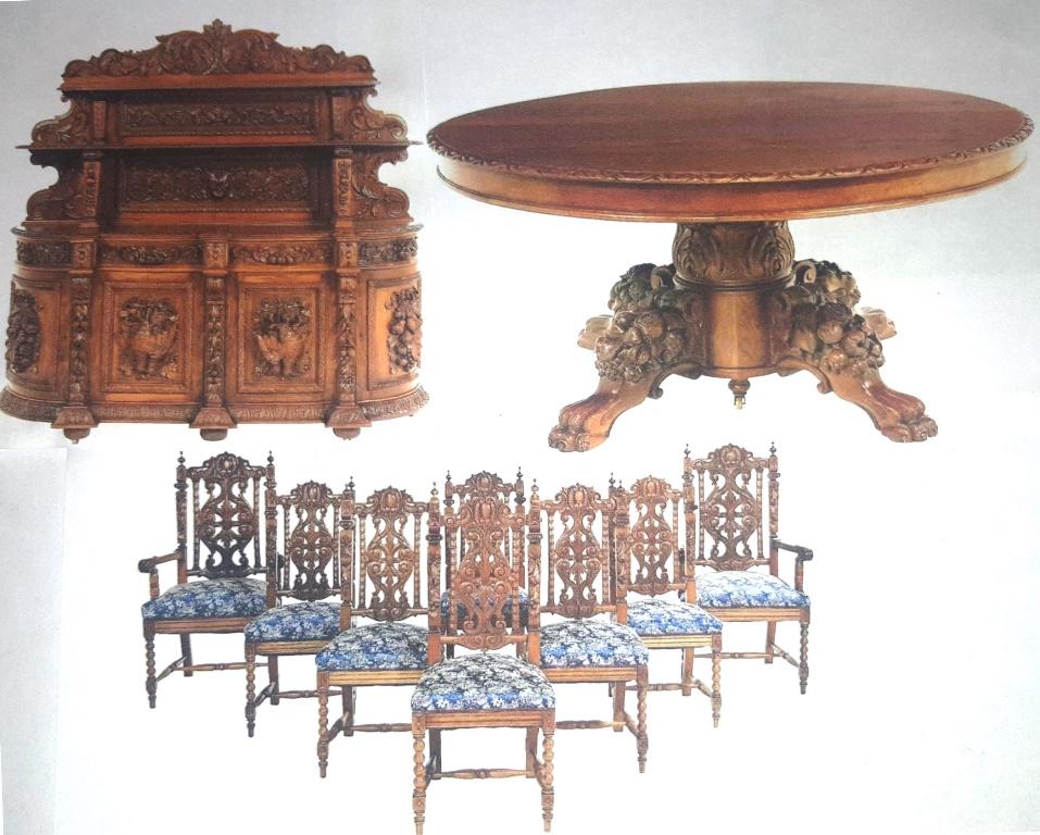 Circa 1880's Heavily Carved 10 pc Oak Dining Set: Circa 1880's Heavily Carved Oak Table & Chairs, h. 30", dia. 60", ext. l. 112-1/2", a sideboard, h. 81", w. 78", d. 25 ", eight dining chairs, two armchairs, h. 48", and six side chairs, h. 44"- Found