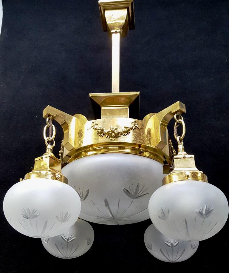 Circa 1915 Polished Brass Cut Glass Chandlier - hgt 32": Circa 1915 Polished Brass Cut Glass Chandlier - hgt 32" width 23". Found in St Paul MN Massive house. All glass in good condition. Rewired ready to use.